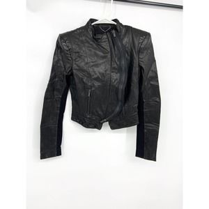 BCBGMaxazria Moto Biker Leather Jacket Black Cropped Zip Up Edgy Size XXS
